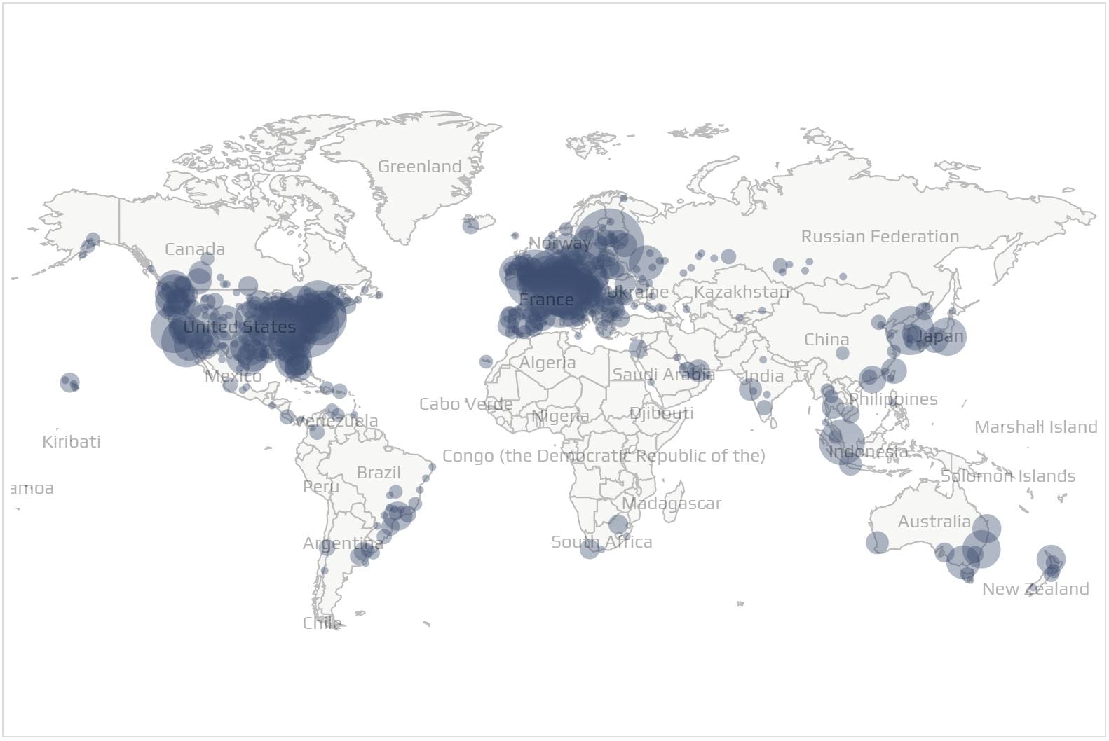 Weltkarte, die die erreichbaren Bitcoin Nodes anzeigt