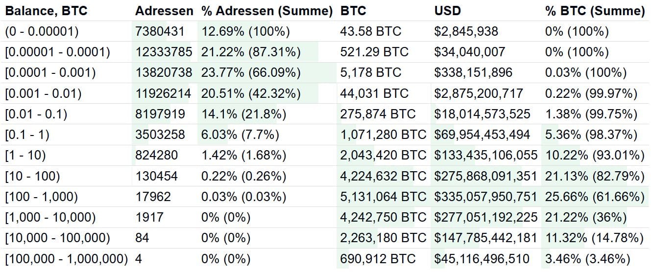 Verteilung der 21 Millionen Bitcoin nach Adressen mit unterschiedlichem Saldo (Stand: Februar 2026)